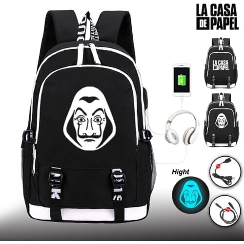Paper House School Bag Capacity Backpack Students USB Charge Mochilas La Casa De Papel Travel School Bag Casual Laptop Bagpack