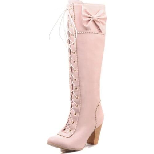 Bow-knot high boots, front lace-up side zipper, lady style thick heel rubber sole fashion women’s boots