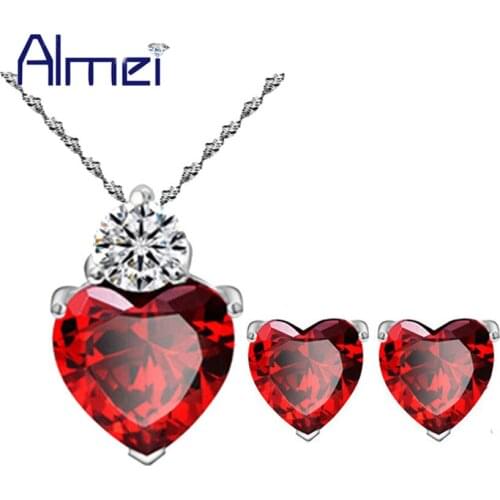 Almei 5%Off Dubai Silver Jewelry Sets With Red Purple Stones Women Wedding Love Heart CZ Zircon Earring Necklace Chain BME53