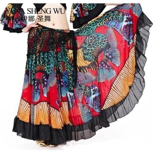 1pc Tribal Belly Dance Performance Gypsy Skirt Butterfly Full Circle Flamenco Skirt Women Belly Dance Skirts Chiffon 360 Degrees