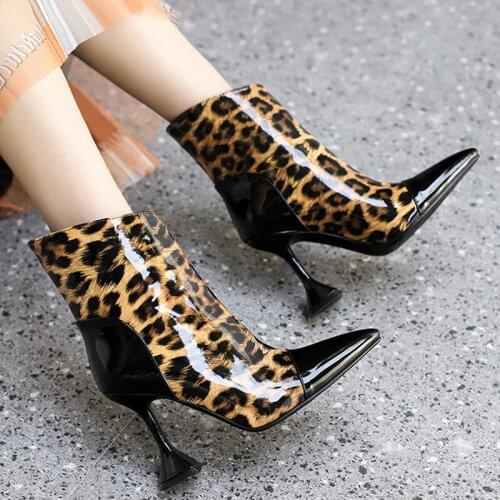 Fashion Gradient Patent Leather Leopard Mixed Colors Lady Shoes Fall Women Boots Pointed Sexy Wine Glass Heeled Winter Booties