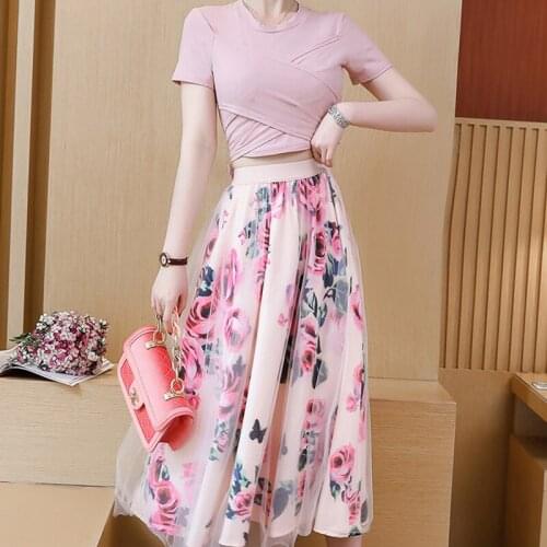 Women Irregular T Shirt+Mesh Skirts Suits Bowknot Solid Tops Vintage Floral Skirt Sets for Elegant Woman