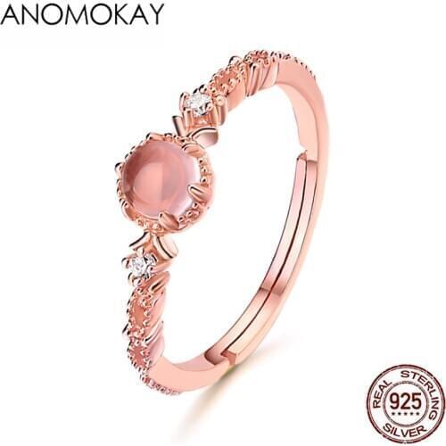 Anomokay New Pink Fanta Garnet Resizable Rose Gold Rings for Women Lovers Mom 100% Sterling 925 Silver White CZ Flower Ring Gift