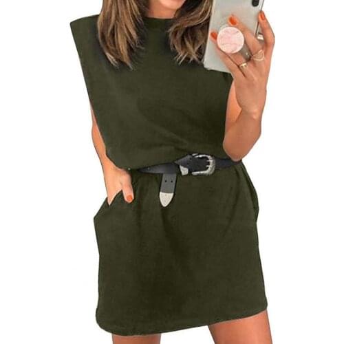 Women Summer Dress Sleeveless Solid Color O Neck Pockets Loose Mini Dress with Belt Sexy Party Mini Dress and belt Women 2021