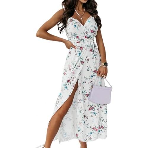50%HOTFashion Women Dress Waist Tight Large Hem Floral Print Spaghetti Straps Slit Hem Dress for Party