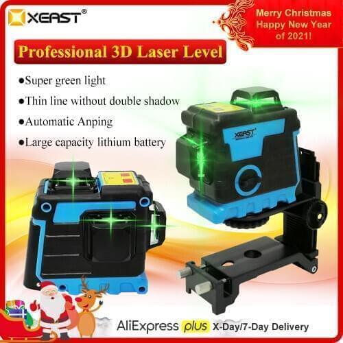 XEAST 12Lines 3D Green Laser Level Lithium Battery Self-Leveling 360 Horizontal&Vertical Cross Lines Can Use Receiver