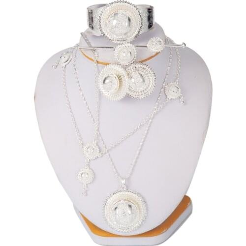 Dubai Collares Silver Ethiopian jewelry sets for Women Middle East Arab Earring Ring Pendant Bangle Hairpin Africa wedding Gift