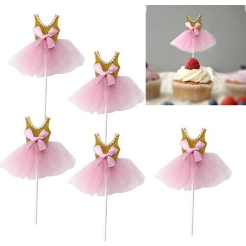 5Pcs Glitter Princess Tutus Dress Cake Toppers Ballerina Skirt Cupcake Picks for Girls Birthday Theme Party Decoration(Golden)