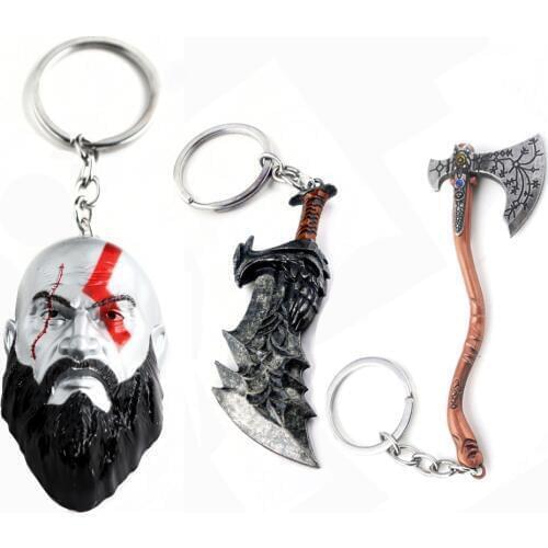RJ 20Pcs Hot Game God Of War 4 Keychains 3D Kratos Mask Keyring Kui Ye Axe Hammer Knife Weapons Model Men Cosplay Car Gift