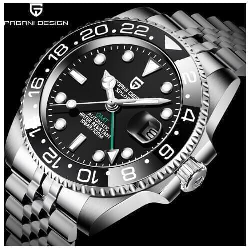PAGANI DESIGN Men Stainless Steel Watch Sapphire Crystal Ceramic bezel GMT Automatic Mens Watches Luxury Mechanical Wristwatch