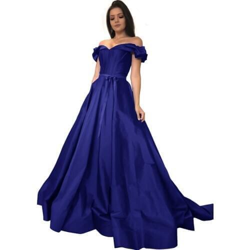 Long Satin Off Shoulder Prom Dresses With Train Sleeveless Zipper Back Formal Evening Party Ball Gowns vestidos de gala