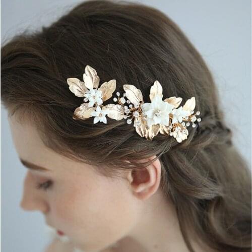 SLBRIDAL Gold Handmade Crystal Rhinestone Ceramic Flower Leaf Wedding Hair Clip Barrettes Bridal Hair Accessories Women Jewelry