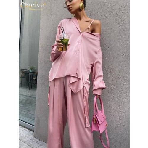 Clacive Pink Satin High Waist Pants Set Women Elegant Long Sleeve Blouse Shirt Two Piece Pant Set Casual Wide Leg Trousers Suit