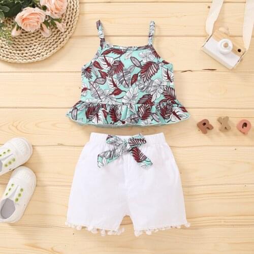 Baby Girls Two-piece Clothes Set, Blue Leaves Printed Pattern Boat Neck Sleeveless Tops and Elastic Waist Shorts Summer 2021