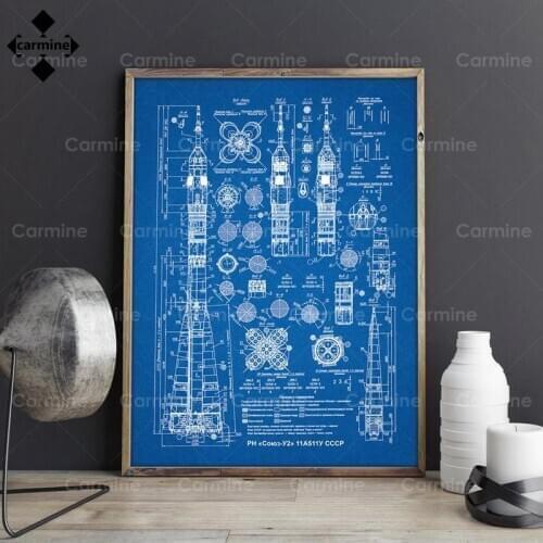 Outer Space Retro Decor Soyuz-U2 Russian Rocket Patent Gallery Wall Art Canvas Print Aviation Artwork Blueprint Posters Painting