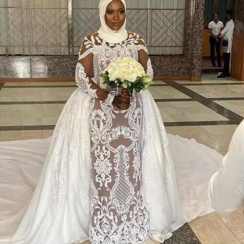Muslim Plus SIze Lace Wedding Dresses With Detachable Train Long Sleeves Mermaid Bridal Dress Beads robe de soirée de mariage