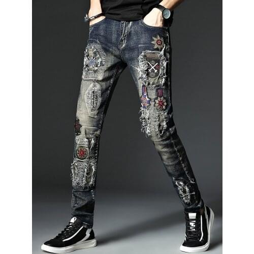 Mens Blue Rock Hip Hop Jeans Embroidered Multiple Badges Patch Pants Europe and America Stretch Denim Fashion Ripped Slim Jeans