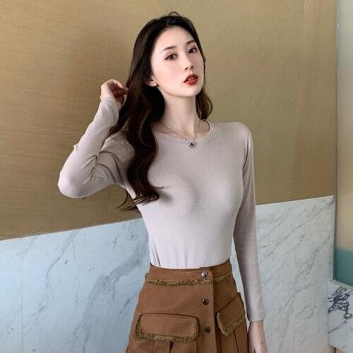 2020 Autumn Winter Warm Long Tee Shirt Solid Color Basic T Shirt Women Casual O-neck Harajuku Top Korean Hipster White Tshirt
