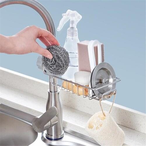 Kitchen Sink Faucet Shelf Stainless Steel Sponge Holder Adjustable Sink Faucet Dishcloth Towel Storage Rack Kitchen Accessories