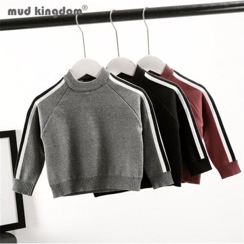 Mudkingdom Boy Pullover Sweater Slim Solid Crew Neck Long Sleeve Fleece Tops Kids Casual Slash Bar Clothes for Autumn Winter