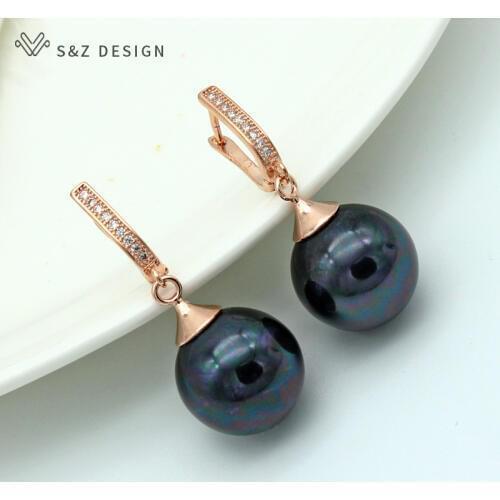 S&Z New Luxury Imitation Black Pearl Round Natural Zircon Drop Earrings 585 Rose Gold White Gold Women Wedding Party Jewelry