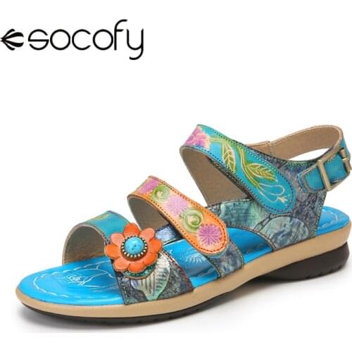 SOCOFY Women Bohemian Sandals Flower Decor Printed Genuine Leather Shoes Double Band Hook Loop Casual Outdoor Beach Sandals