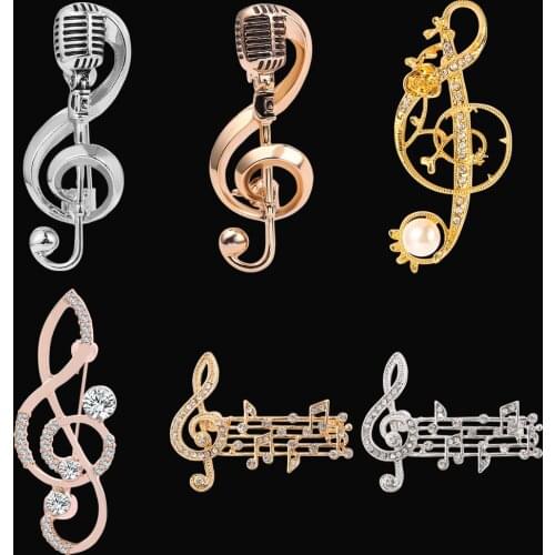 Rhinestone Music Logo Brooch Musical Note Microphone Metal Pin Singer Concert Luxury Jewelry Ladies Men Accessories Jewelry