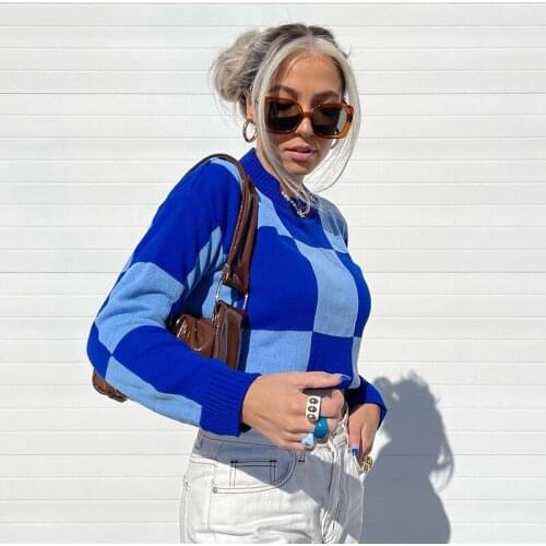 Plaid Loose Sweater Y2K Vintage Knitted Pullovers Sweater 90s Aesthetic Casual Long Sleeve O-neck Jumper Autumn Korean