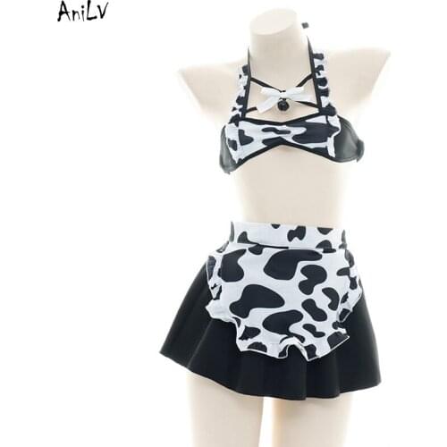 AniLV Anime Lolita Cows Maid Uniform Temptation Costume Farm Rural Halter Maid Swimsuit Lingerie Party Cosplay