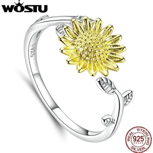 WOSTU New Fashion 100% 925 Sterling Silver Sunflower Wedding Rings For Women Opening Adjustable Flower Rings Jewelry CQR596
