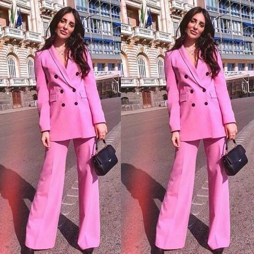 2020 Pink Womens Pant Suits Slim Fit Double Breasted V Neck Ladies Office Business Evening Work Wear Tuxedos (Jacket+Pants)