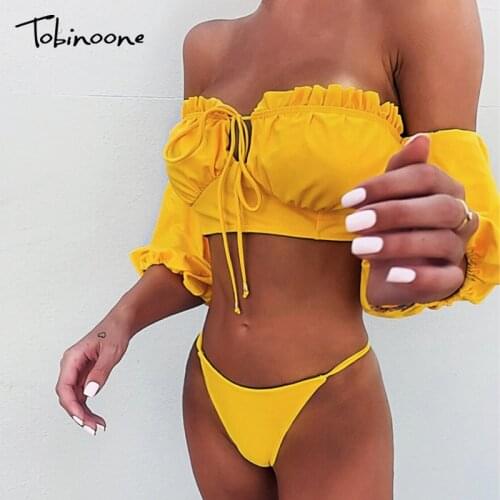 Tobinoone Vintage women bodysuit Bandage high cut summer beachwear Sexy two piece swimsuit Push up fashion yellow bra sets