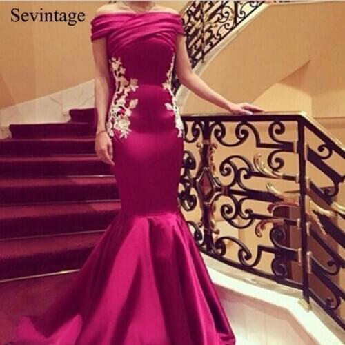 Sevintage Simple Mermaid Boat Neck Lace Prom Dress Off the Shoulder Satin Women Formal Party Evening Gowns Robe De Soiree 2020