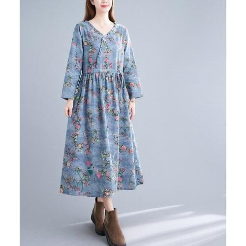 Casual Dress 2021 New Arrival Cotton Linen Print Floral Loose Women Vintage Spring Autumn Long Dress Office Lady Work Dress
