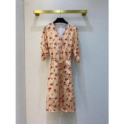 Runway Fashion 100% Silk Women Dress 2021 High Quality V-Neck Flower Print Elegant Belt Knee-Length Party Holiday Silk Dress