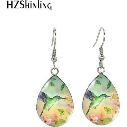 2020 New Hummingbird Painting Tear Drop Stainless Steel Earrings Hummingbird Lovely Birds Paintings Fish Hook Earrings