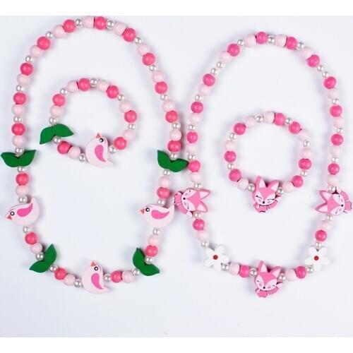 3Pcs/Lot Fashion Girls Jewelry Cute Cartoon Animal Wood Beads Necklace Bracelet Set For Kids Girls Birthday Party Gifts