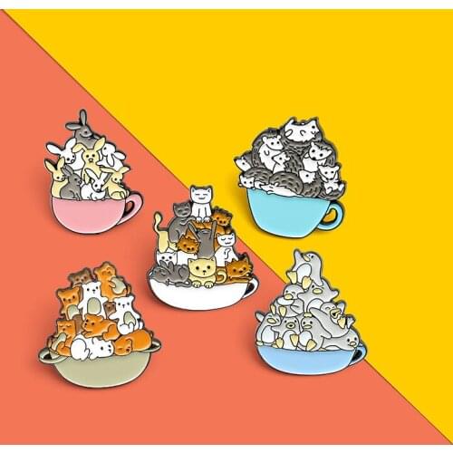 Cartoon Animal Brooch Creative A Coffee Cup Of Hedgehog Penguin Kitten Design Badge Button Lapel Pins Fashion Enamel Jewelry NEW