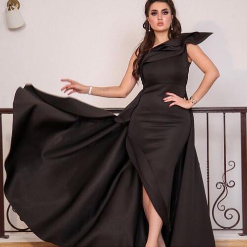 Black prom dresses gala jurken one shoulder satin side slit cheap evening gowns dresses sexy formal dresses vestidos de fiesta