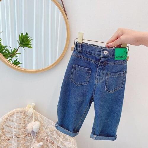 Children Kids Denim Jeans Solid Straight Trousers Girls Casual Full Length Pants