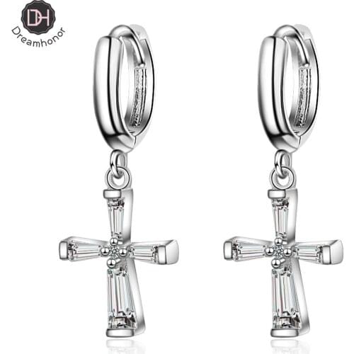Dreamhonor 925 Sterling Silver Zirconia Cross Drop Earrings For Women Fashion Silver Long Earrings Jewelry Wholesale