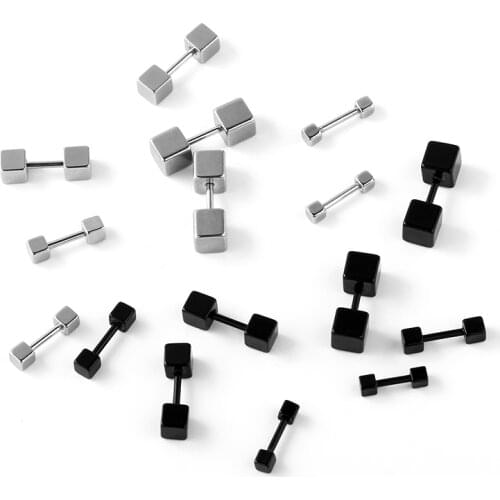 MANGOSKY Duplex stainless steel titanium steel black squares dumbbell earrings ear buckle four colors wholesale