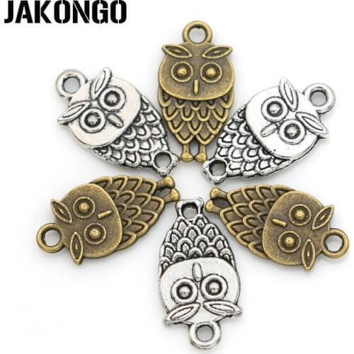 JAKONGO 20pcs/lot Antique Silver/Bronze Plated Owl Birds Charms DIY Handmade Pendants Bracelet Connector 19*10mm
