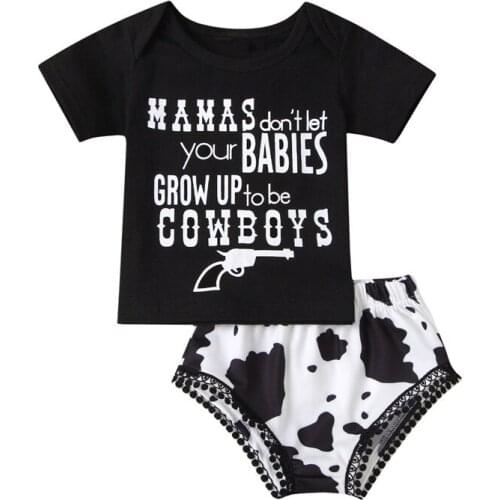 0-24M Baby Girls 3pcs Outfit Toddlers Sweet Style Short Sleeve Letter Top + Cow Print Lace Shorts Girls Black Summer Set
