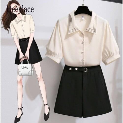 Korean casual two piece set for women Summer short sleeve turn down collar chiffon top and black shorts sets office ladies suits
