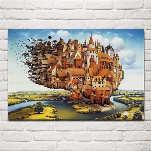 Beautiful scenery jacek yerka cities flying town fantasy living room home wall art decor wood frame fabric posters EX500