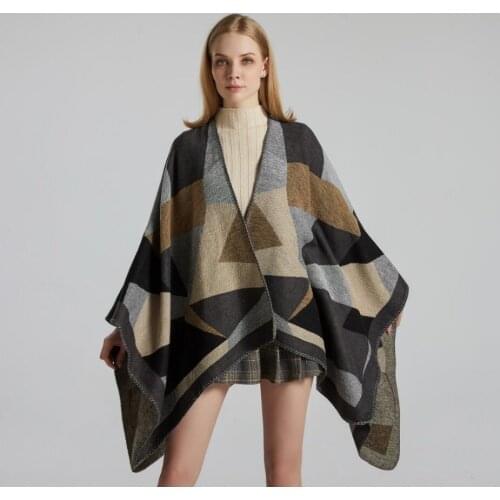 Luxury Brand Winter Warm Geometric Ponchos Capes For Women Oversized Shawls Wraps Thick Cashmere Pashmina Female Bufanda Mujer