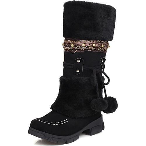 2020 New Faux Hair Studs Pearl Snow Boots Matte Suede Color Wool Woven Decorative Wool Boots Mid-calf Lace Purple Flat Heel Warm