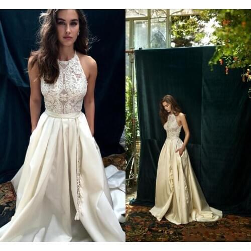 New Ivory Lace Boho Wedding Dresses with Pocket Elegant Jewel A Line Beach Satin Bridal Gowns Custom Made vestidos de noiva