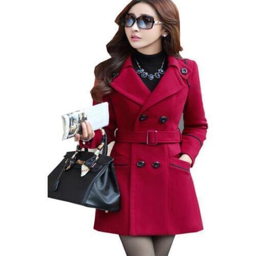 Slim Fashion Lapel Winter Thickening Wool Blend belt Medium Overcoats Double Breasted Woolen Pocket Worsted Loop Jacket Coat